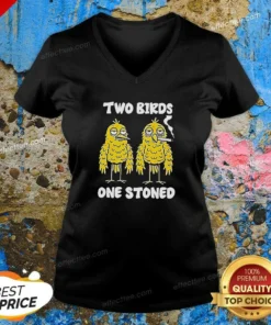 Hot Top Two Birds One Stoned Smoking V Neck Shirt v neck optimized with short sleeves and relaxed fit
