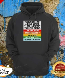Pretty Fascism Does Not Arrive Saying I Am Fascism It Arrives Saying Law And Order Hoodie in black, front view with drawstring hood