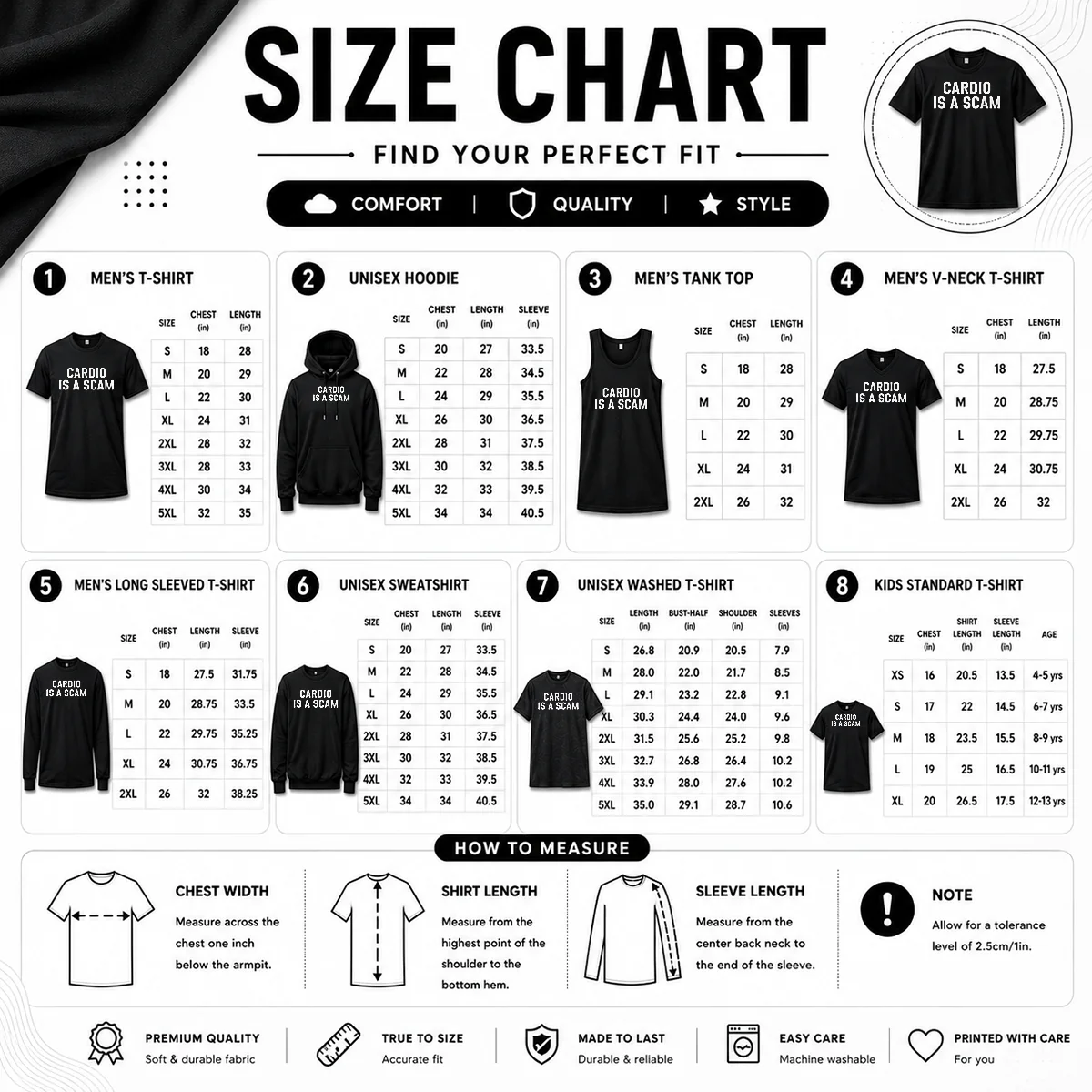 Happy Nice Cardio Is A Scam Size Chart Size chart for Happy Nice Cardio Is A Scam with measurements in inches and centimeters