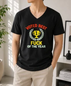 Hot Voted Best Fuck Of The Year Trophy Award V Neck Shirt with short sleeves in black