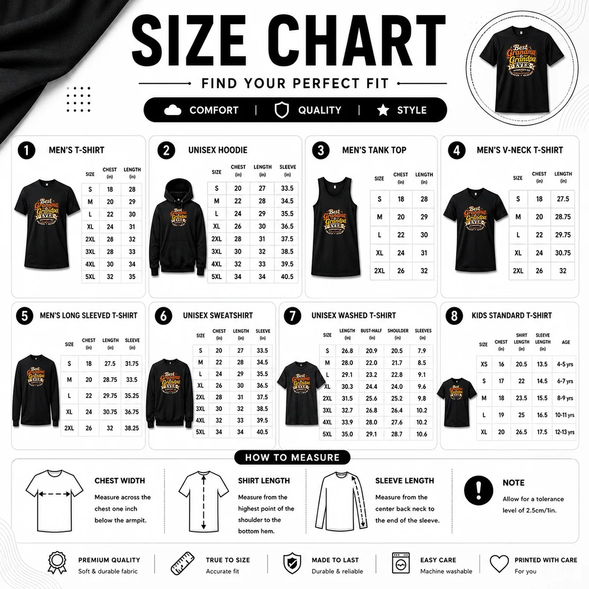 Nice Grandparents Day Vintage Best Grandma Grandpa Size Chart Size chart for Nice Grandparents Day Vintage Best Grandma Grandpa with measurements in inches and cm