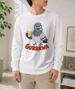 Official Angry Pigeon With Beer And Cigarette long sleeve shirt featuring a bold graphic print on a comfortable cotton blend
