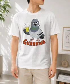 Official Angry Pigeon With Beer And Cigarette t shirt featuring a bold graphic on a comfortable cotton tee