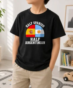 Official Half Spanish Half Argentinian Flags Kids T Shirt featuring vibrant dual flags print on a comfortable children's tee