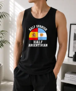 Official Half Spanish Half Argentinian Flags Tank Top featuring vibrant dual flag design on sleeveless cotton fabric