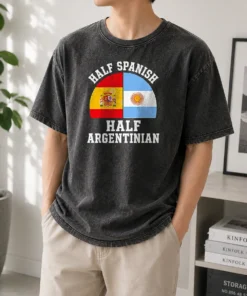 Official Half Spanish Half Argentinian Flags Washed T Shirt in soft cotton fabric displayed front view
