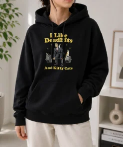 Pretty Deadlifts And Kitties Businessman Hoodie in dark color with front graphic print, cozy and comfortable fit