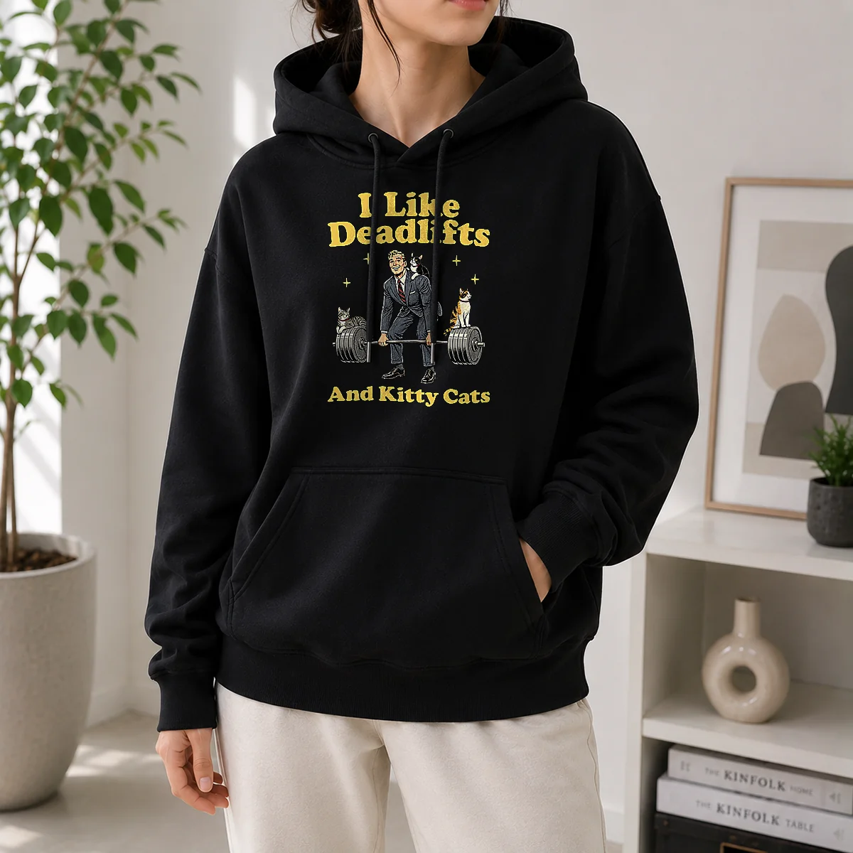 Pretty Deadlifts And Kitties Businessman Hoodie in dark color with front graphic print, cozy and comfortable fit