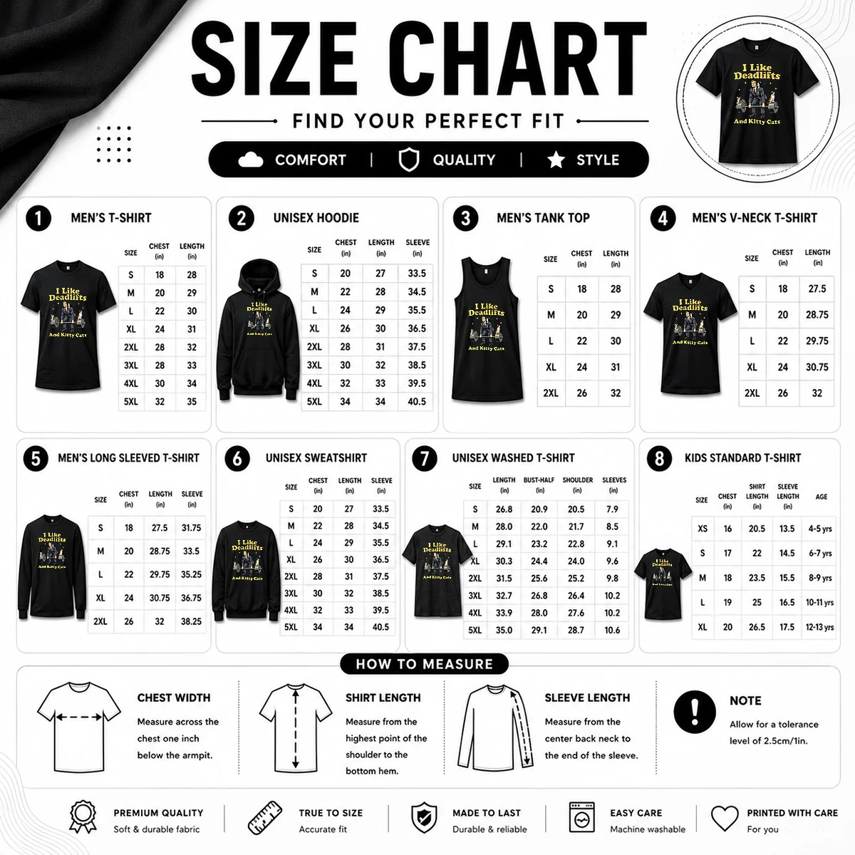 Pretty Deadlifts And Kitties Businessman Size Chart Size chart for Pretty Deadlifts And Kitties Businessman with measurements in inches and cm