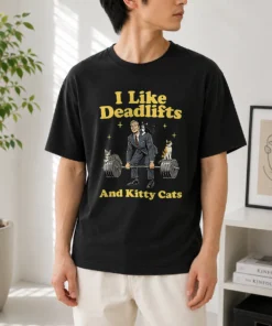 Pretty Deadlifts And Kitties Businessman t shirt in black with bold graphic print featuring deadlifts and cats