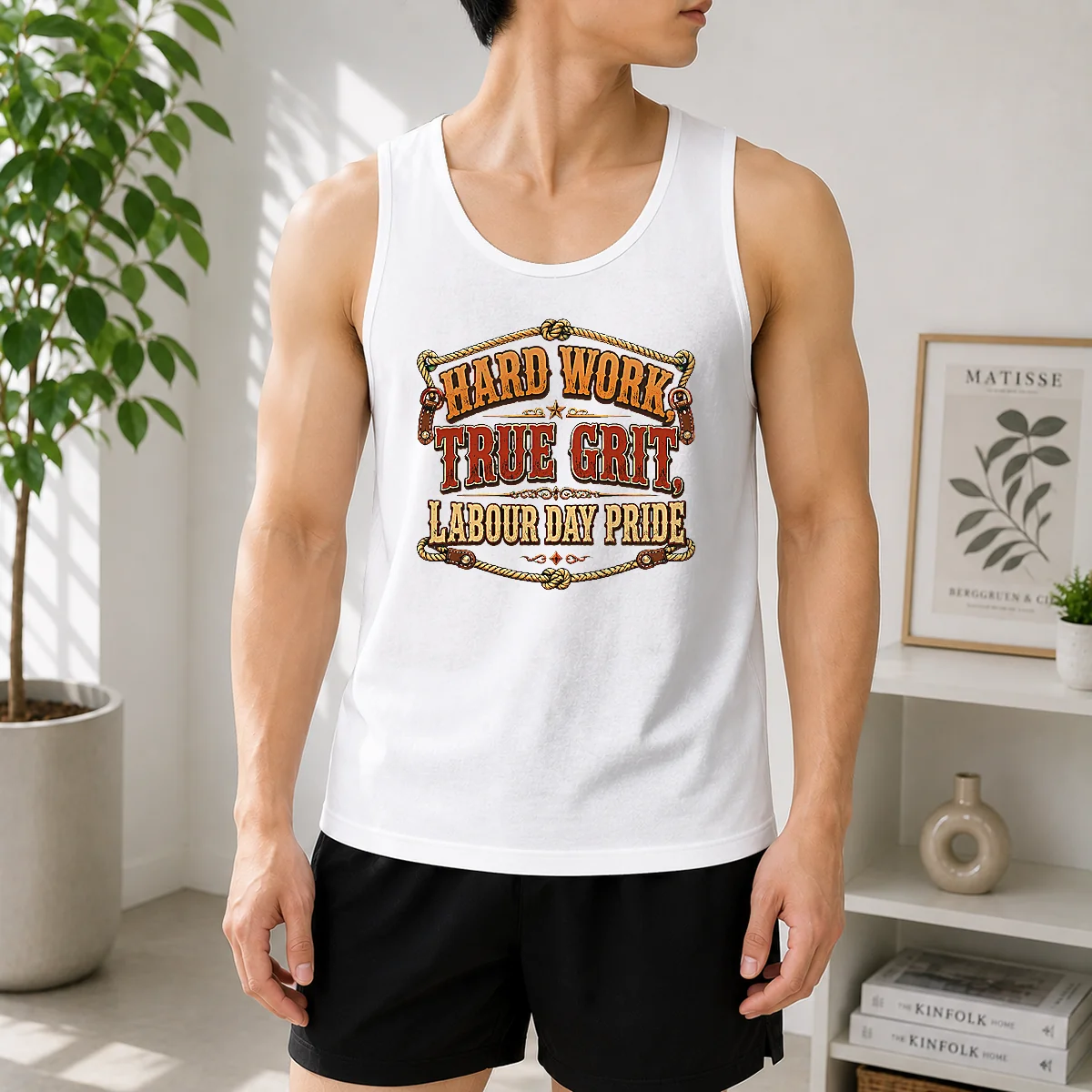 Pretty Labour Day Western Pride Vintage Saloon Tank Top in white, sleeveless with vintage saloon graphic