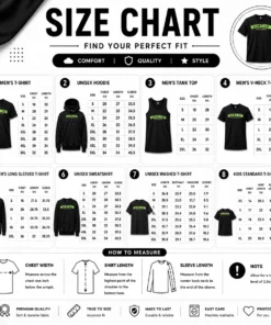 Size chart for Pretty Wiscansin University College Funny Parody with measurements in inches and cm