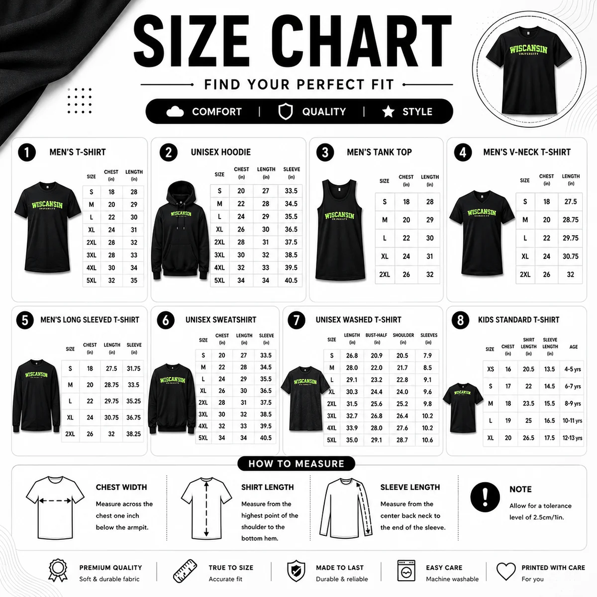 Pretty Wiscansin University College Funny Parody Size Chart Size chart for Pretty Wiscansin University College Funny Parody with measurements in inches and cm