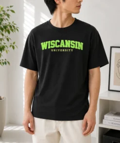 Pretty Wiscansin University College Funny Parody t shirt in unisex fit with white print on navy blue fabric