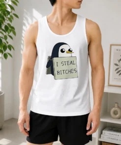 Top Gunter The Penguin I Steal Bitches Adventure Time tank top featuring bold graphic print on a sleeveless cotton fabric