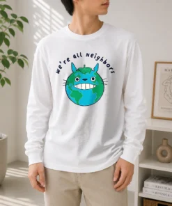 Top Neighbors From Woot! long sleeve shirt showing front view with colorful graphic print on soft cotton fabric