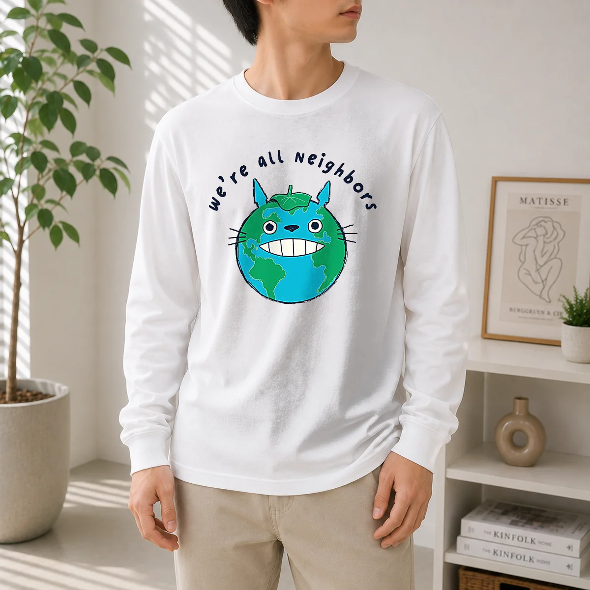 Top Neighbors From Woot! long sleeve shirt showing front view with colorful graphic print on soft cotton fabric