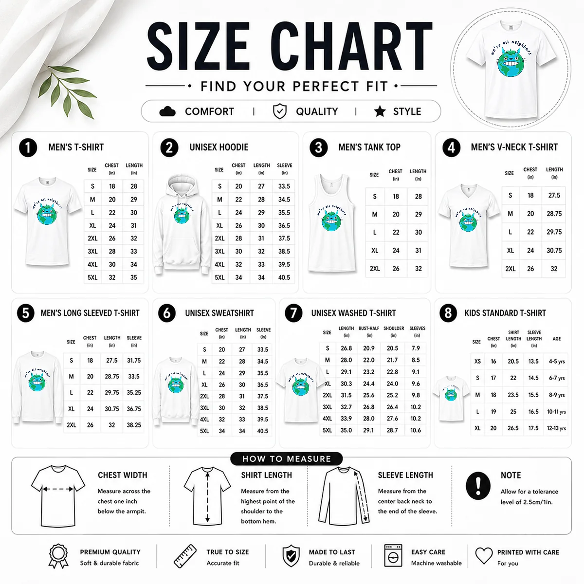 Top Neighbors From Woot! Size Chart Size chart for Top Neighbors From Woot! with measurements in inches and centimeters