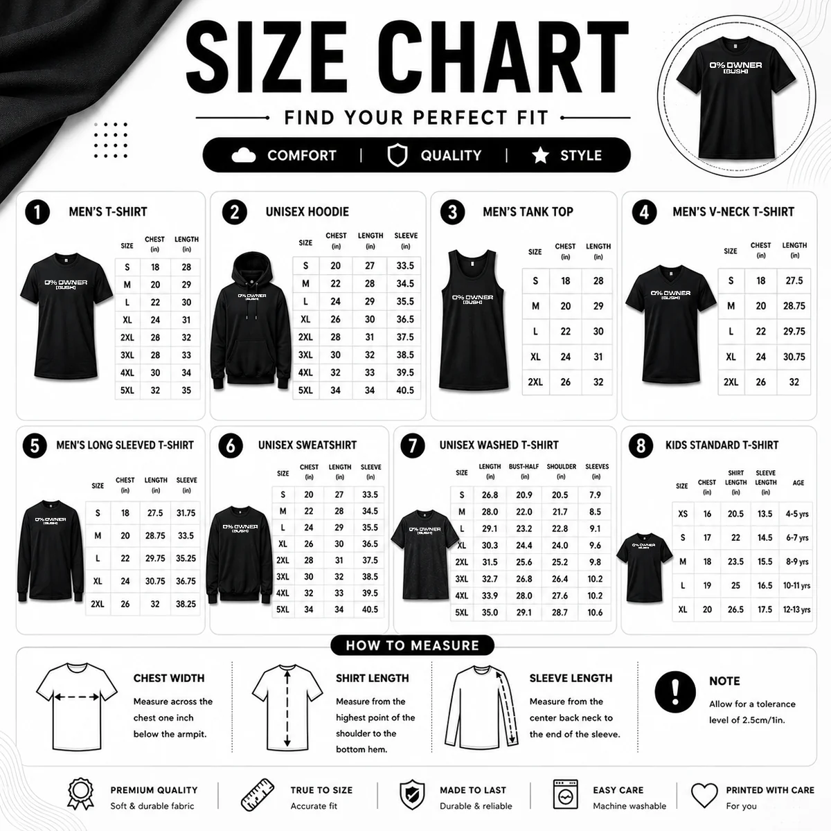 Funny 0 Owners Bush Size Chart Size chart for Funny 0 Owners Bush with measurements in inches and cm to help choose the right fit