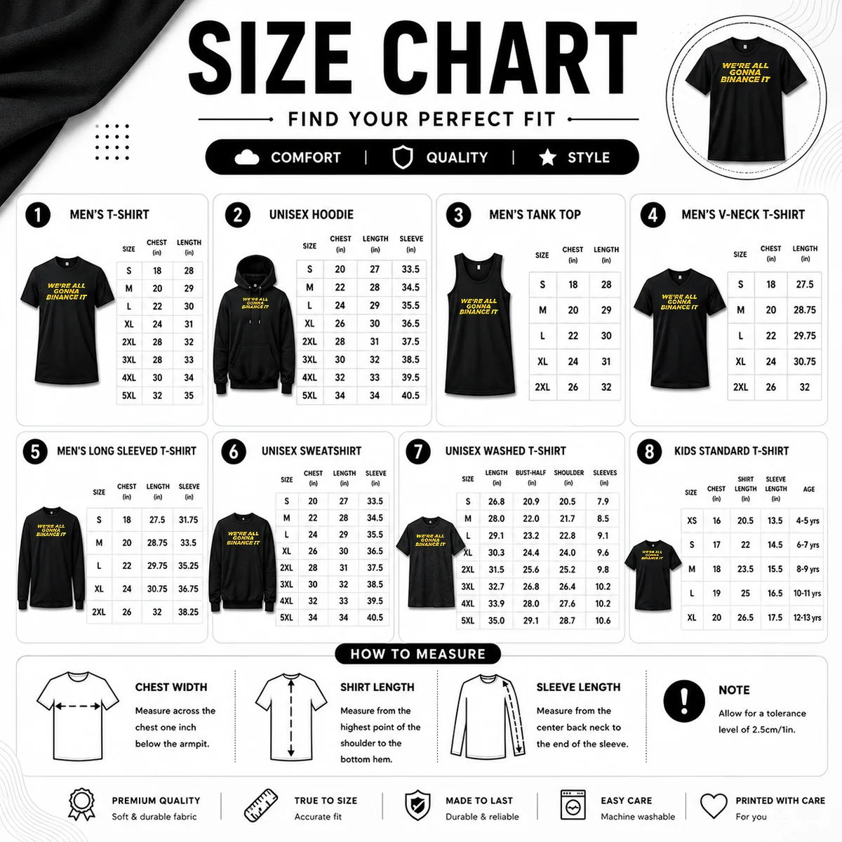 Funny We'Re All Gonna Binance It Size Chart Size chart for Funny We'Re All Gonna Binance It with measurements in inches and cm to help choose the right fit