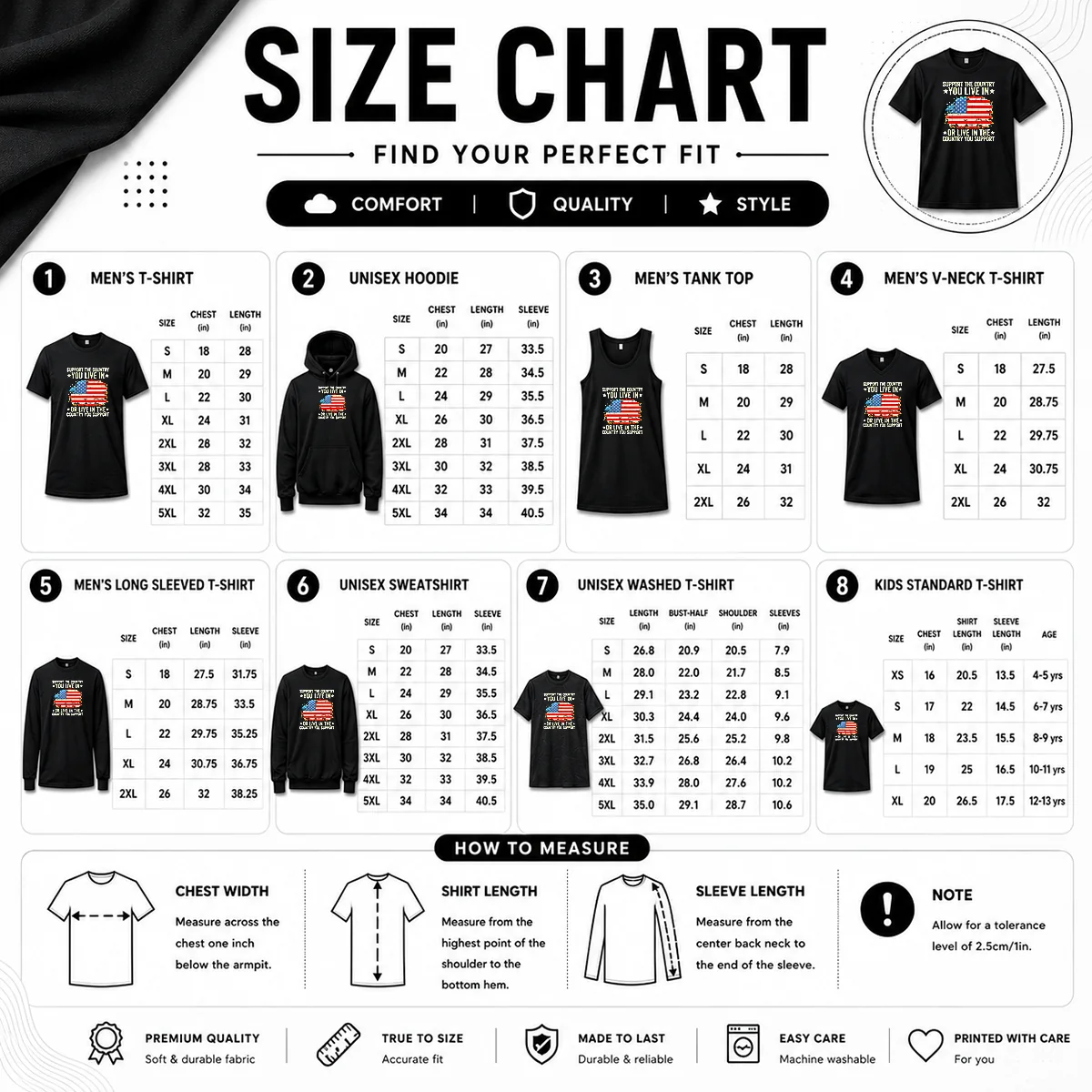 Good Hot Support The Country You Live In Or Live In The Country You Support Distressed Flag Size Chart Size chart for Good Hot Support The Country You Live In Or Live In The Country You Support Distressed Flag with measurements in inches and cm to help choose the right fit