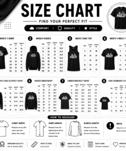 Size chart for Good Top Philly Skyline Apparel Philadelphia City Silhouette with measurements in inches and cm to help choose the right fit