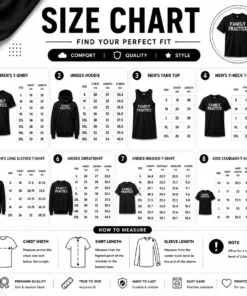 Size chart for Happy Top Family Practice with measurements in inches and cm to help choose the right fit