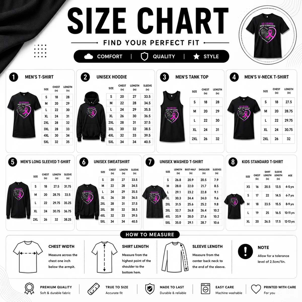 Hot Premium 25 Years And Counting Hope Love Breast Cancer Size Chart Size chart for Hot Premium 25 Years And Counting Hope Love Breast Cancer with measurements in inches and cm to help choose the right fit