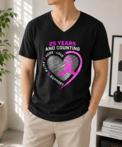 Hot Premium 25 Years And Counting Hope Love Breast Cancer V-Neck Shirt