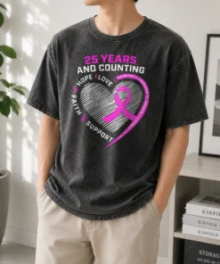 Hot Premium 25 Years And Counting Hope Love Breast Cancer Washed T-Shirt