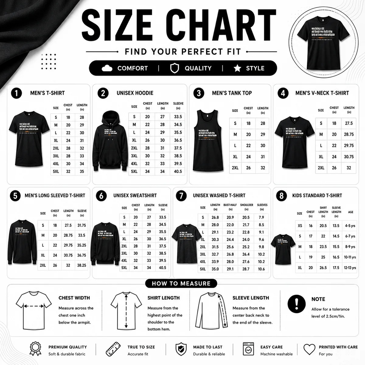 Nice Premium Was Taking A Shit And Though I Was Finally Dying Turns Out It Was A Whole Earthquake Size Chart Size chart for Nice Premium Was Taking A Shit And Though I Was Finally Dying Turns Out It Was A Whole Earthquake with measurements in inches and cm to help choose the right fit