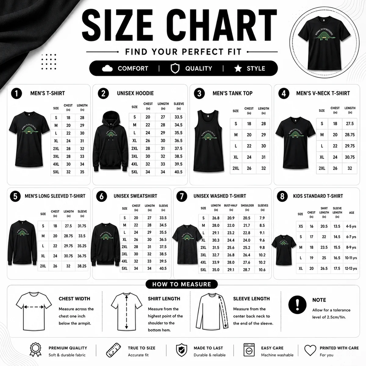 Nice Pretty Normal Distribusaurus Geek Size Chart Size chart for Nice Pretty Normal Distribusaurus Geek with measurements in inches and cm to help choose the right fit
