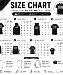 Size chart for Pretty Distressed Future Corpse With Coffin Goth with measurements in inches and cm to help choose the right fit