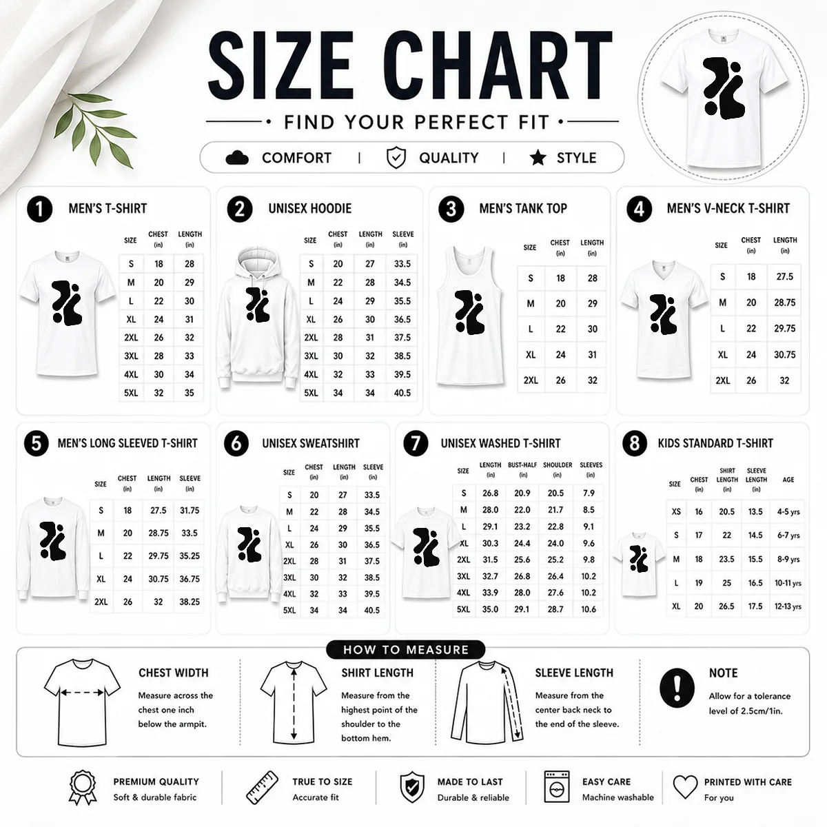 Top Kumo Cloud Architecture Logo Size Chart Size chart for Top Kumo Cloud Architecture Logo with measurements in inches and cm to help choose the right fit